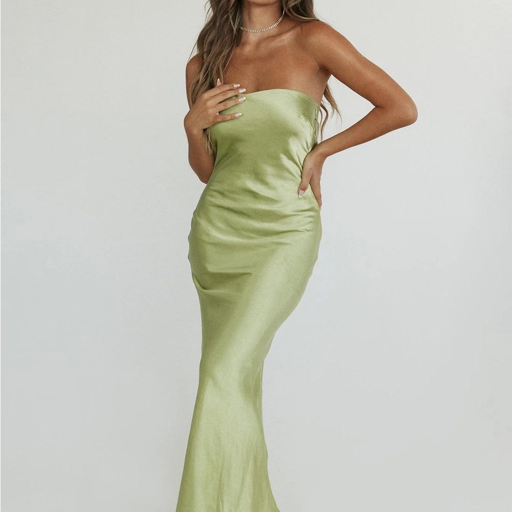 Princess Polly Strapless Satin Slip Dress in Sage Green
